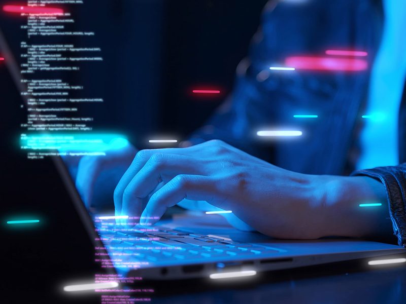 Business man computer hand close up futuristic cyber space finance AI chatbot artificial coding coding background business data analytics programming online network metaverse digital world technology